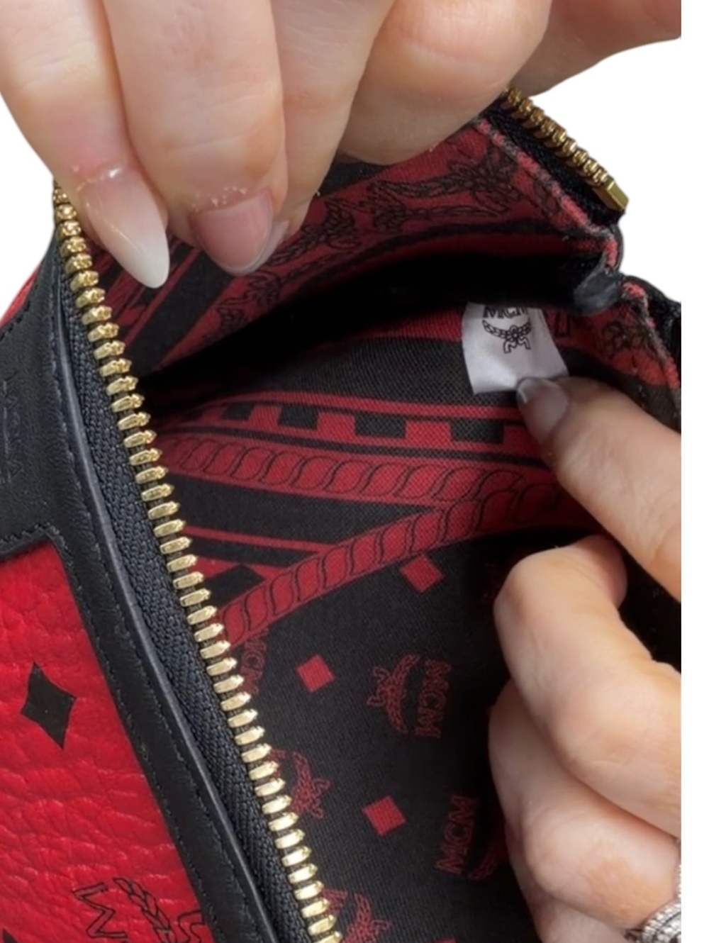 MCM Red Visetos Coated Canvas Zip Wristlet Clutch Pouch Black Trim Gold Hardware - Picture 7 of 10